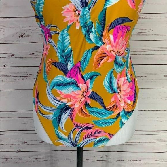 XHilaration Women's Mustard Floral One Piece Bathing Suit Swimwear Size Large - Picture 7 of 11